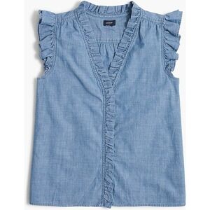 $89 J. Crew blue Chambray ruffle sleeveless top XL 100 cotton beach babe cowgirl